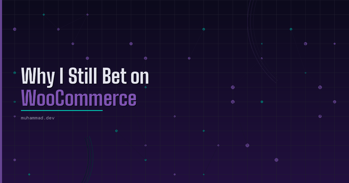 Why I Still Bet on WooCommerce featured image with network grid design in dark purple and teal